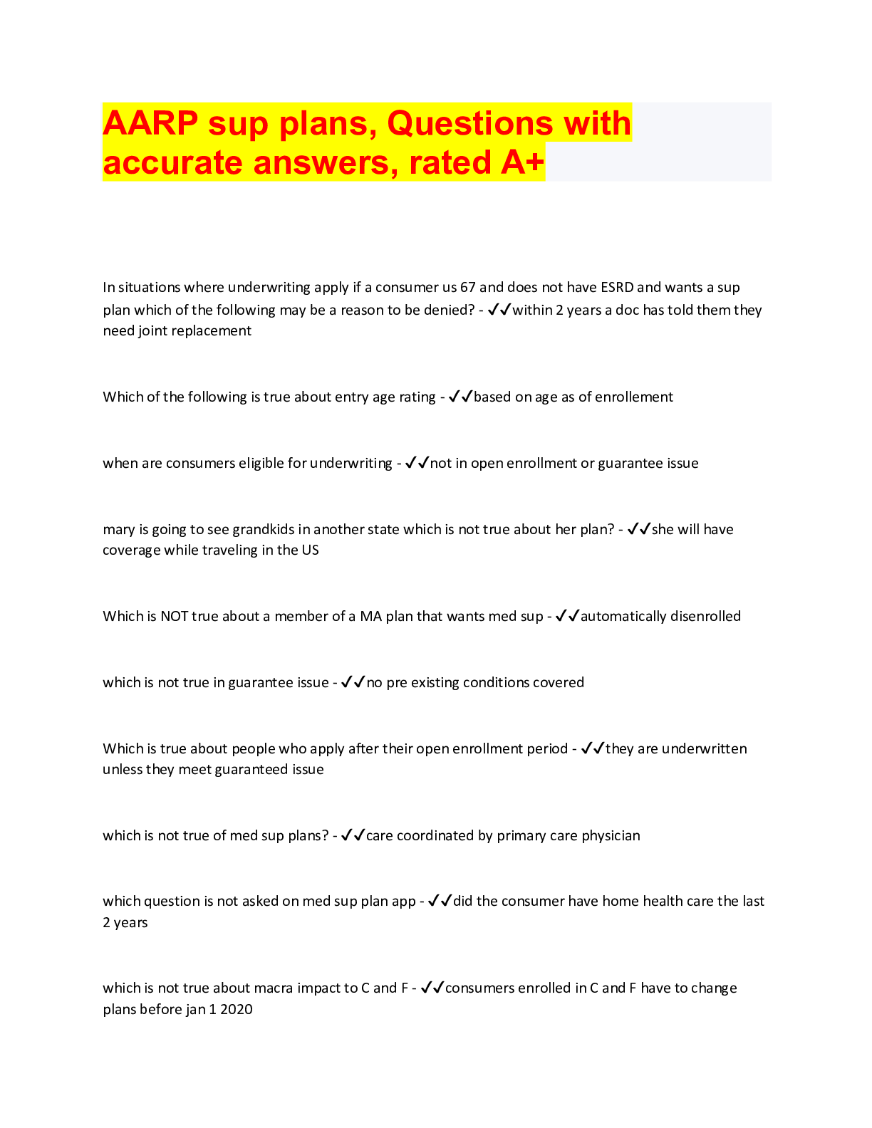 Preview image for AARP sup plans, Questions with accurate answers, rated A+